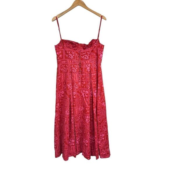 Agua Bendita Red Mambo Ipanema Escarlata Red Linen Printed Midi Summer Dress, XL - Picture 5 of 16